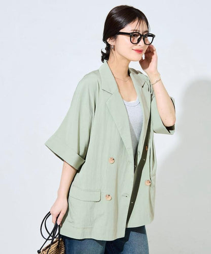 尼龍皺感面料 雙排扣設計 短袖 夾克