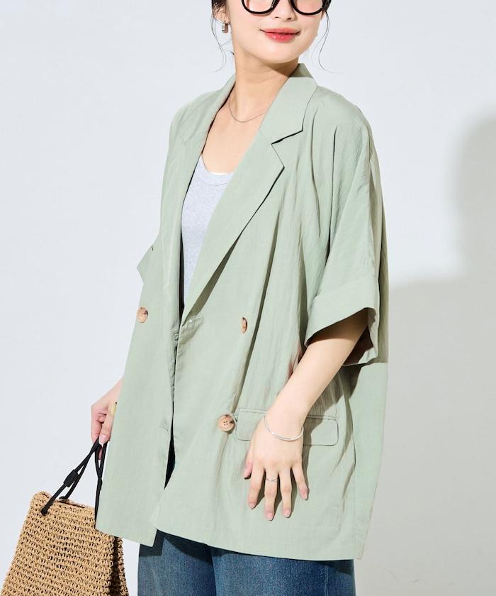 尼龍皺感面料 雙排扣設計 短袖 夾克