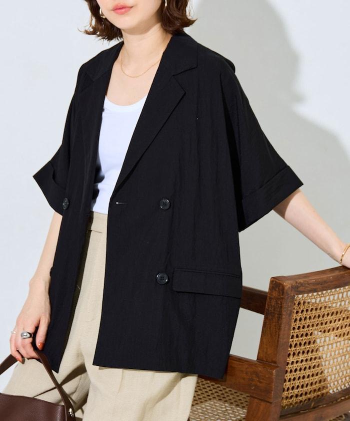 尼龍皺感面料 雙排扣設計 短袖 夾克