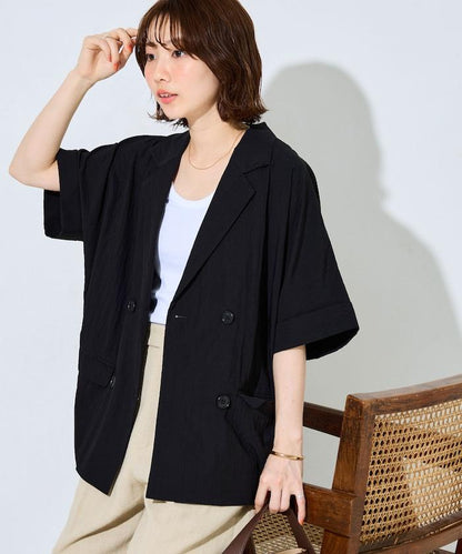尼龍皺感面料 雙排扣設計 短袖 夾克
