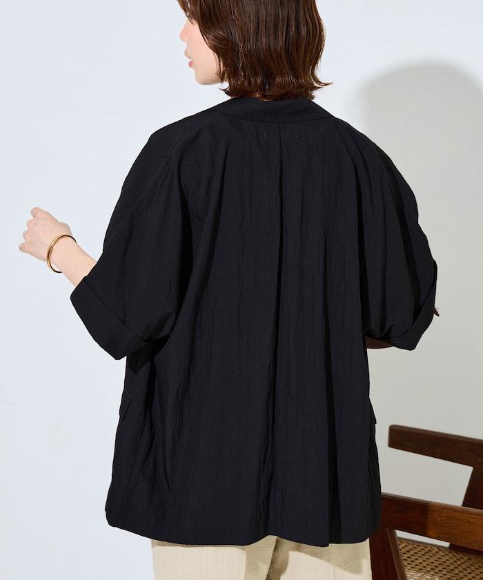 尼龍皺感面料 雙排扣設計 短袖 夾克