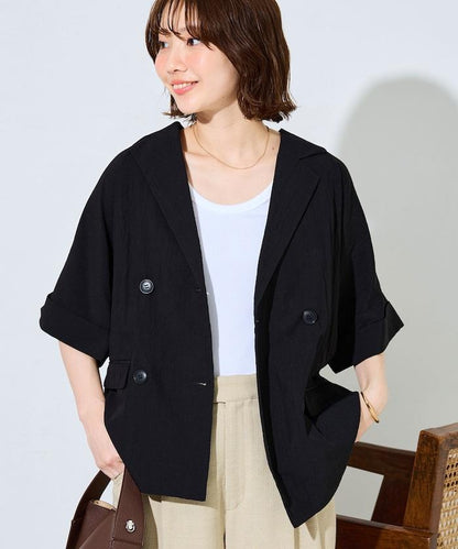 尼龍皺感面料 雙排扣設計 短袖 夾克