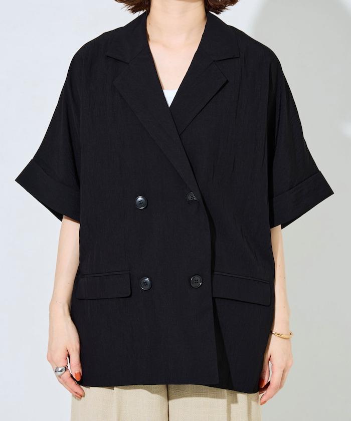 尼龍皺感面料 雙排扣設計 短袖 夾克