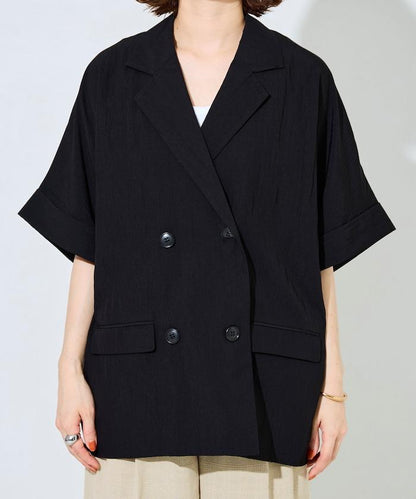 尼龍皺感面料 雙排扣設計 短袖 夾克