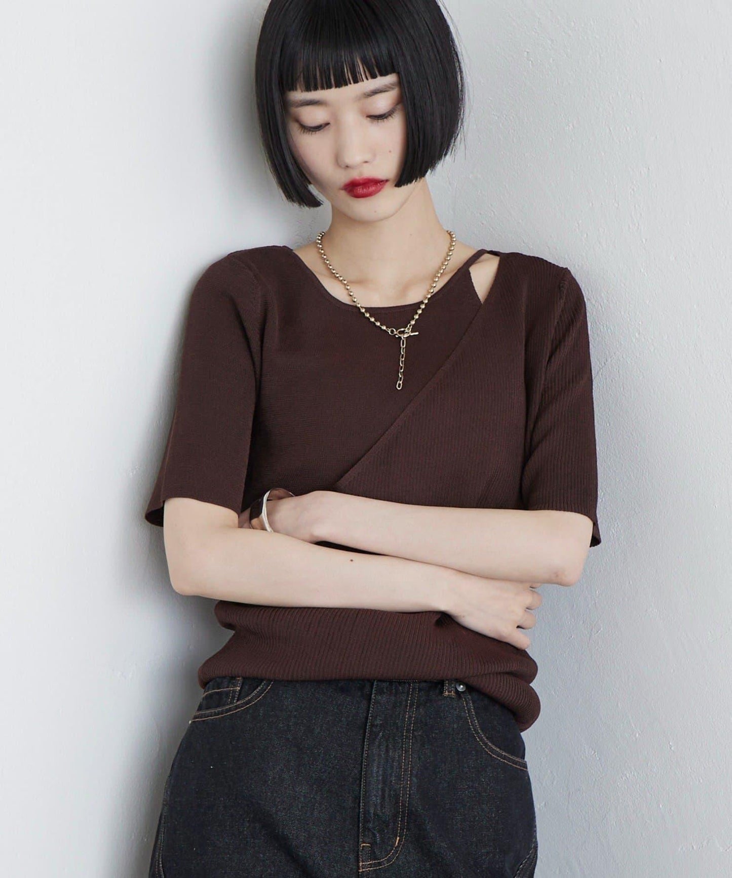 層次感短袖針織套頭衫