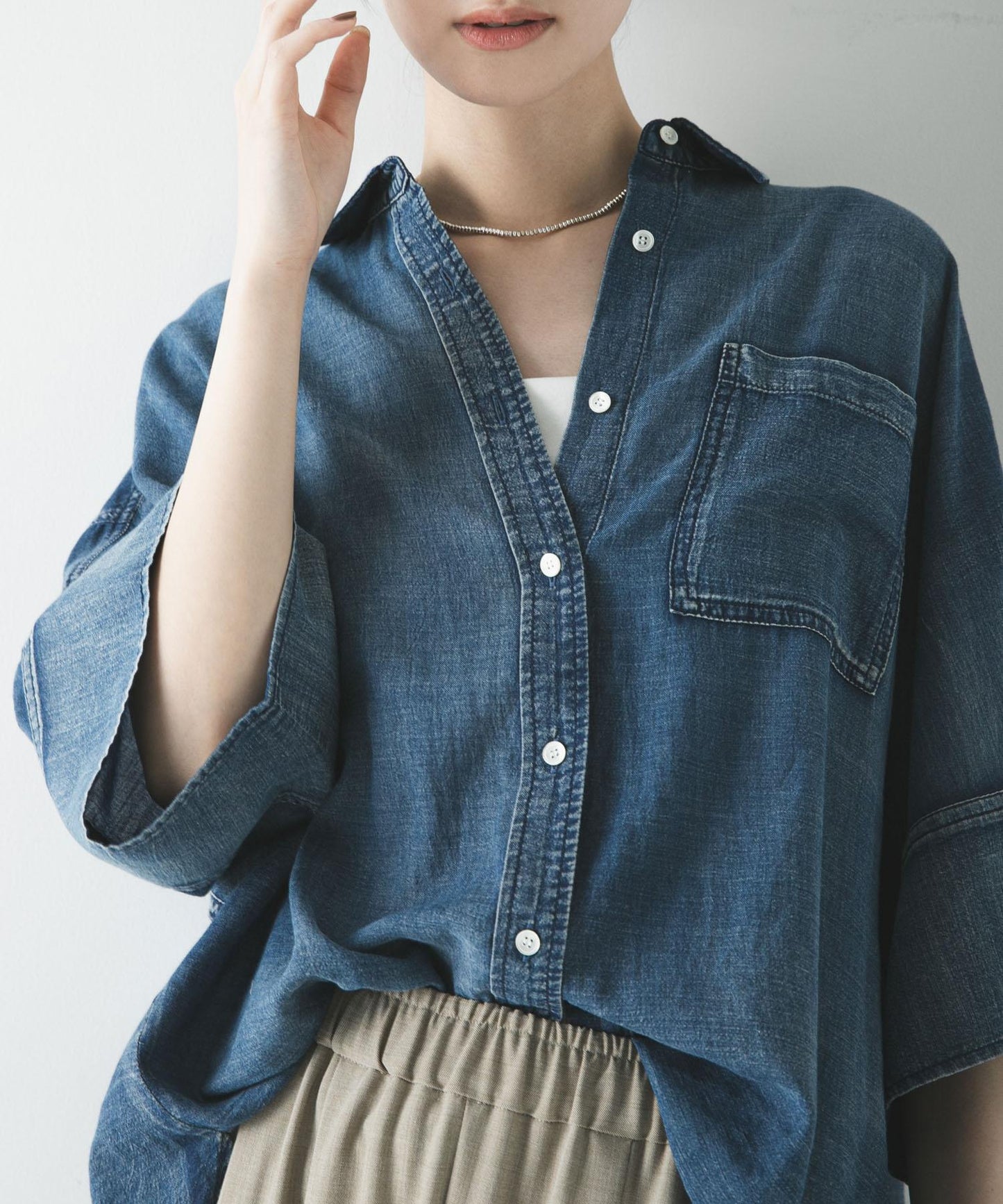 半袖透感牛仔襯衫