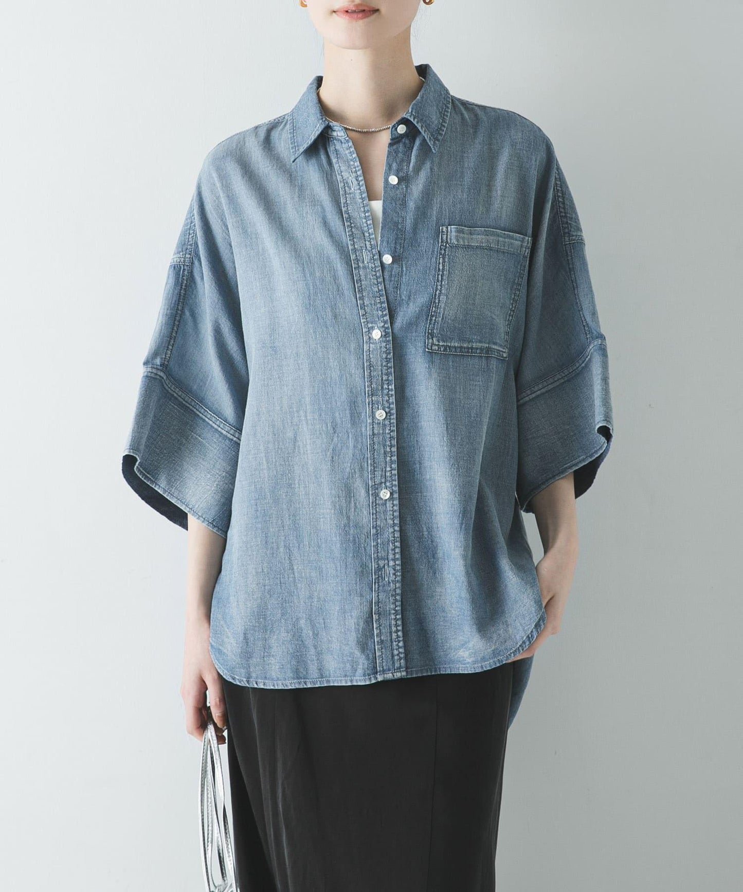 半袖透感牛仔襯衫
