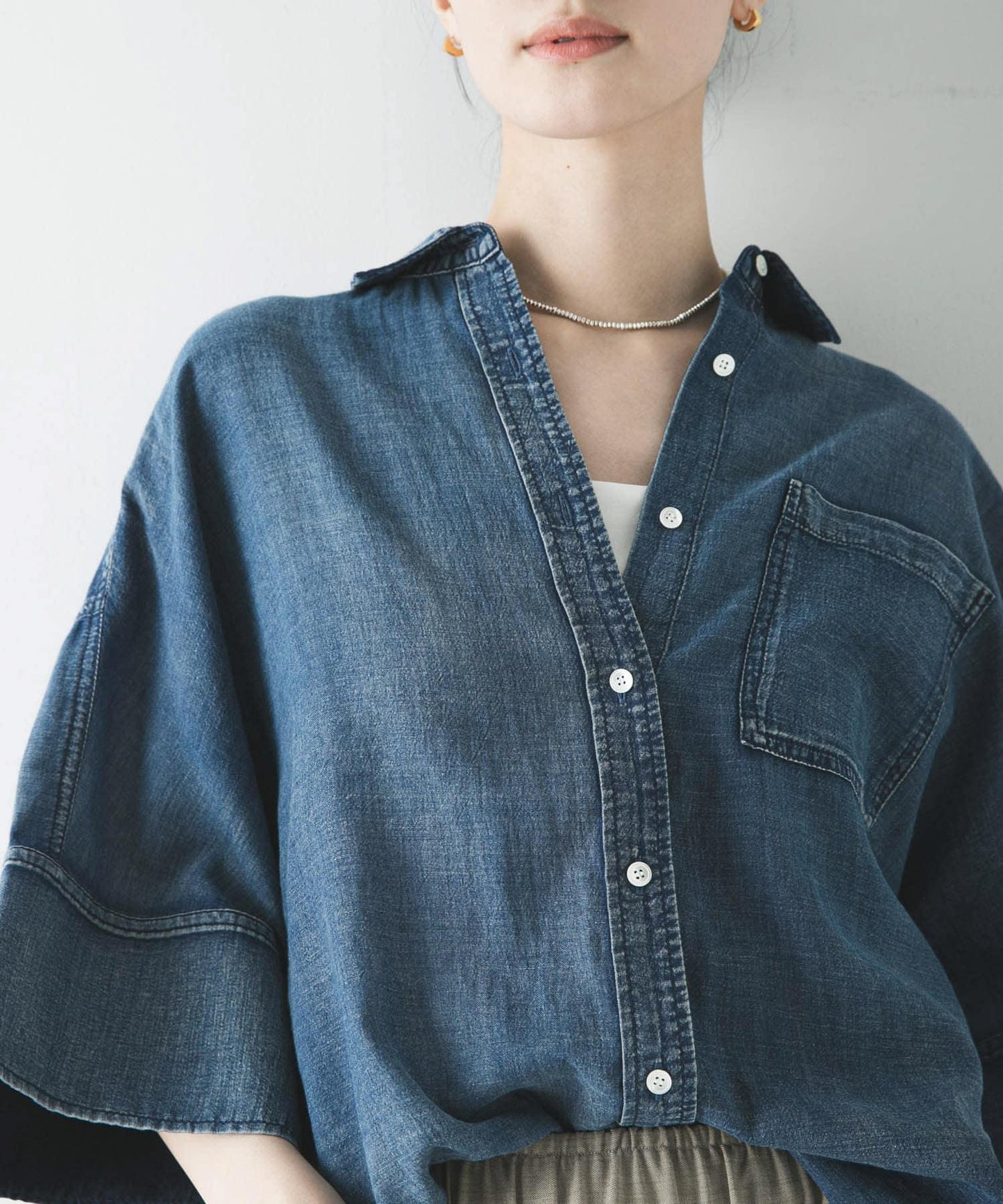 半袖透感牛仔襯衫
