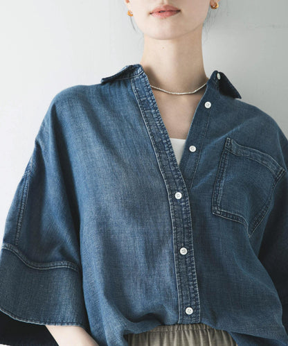 半袖透感牛仔襯衫