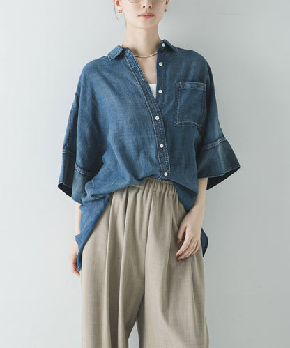 半袖透感牛仔襯衫