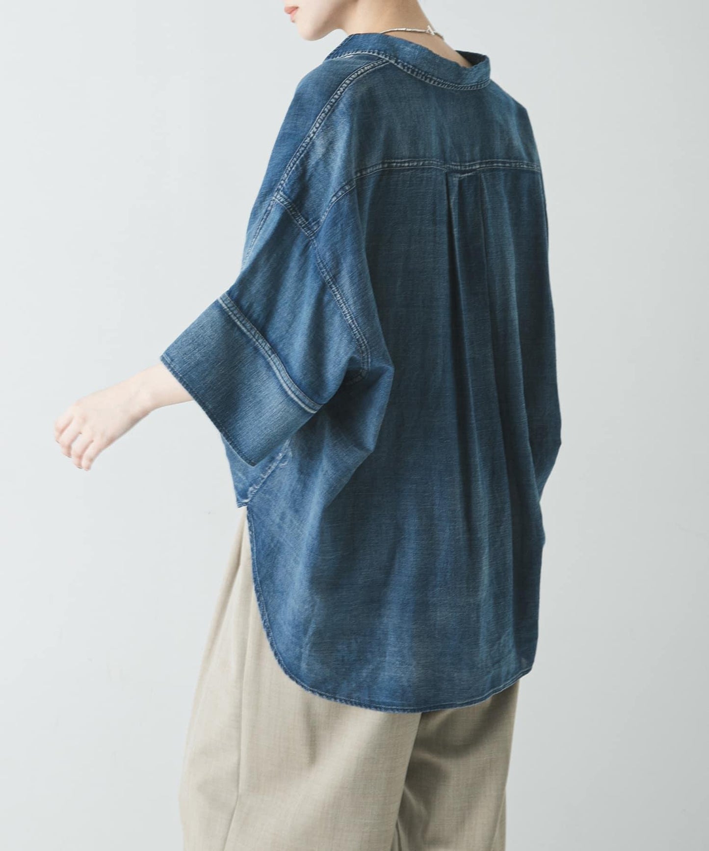 半袖透感牛仔襯衫