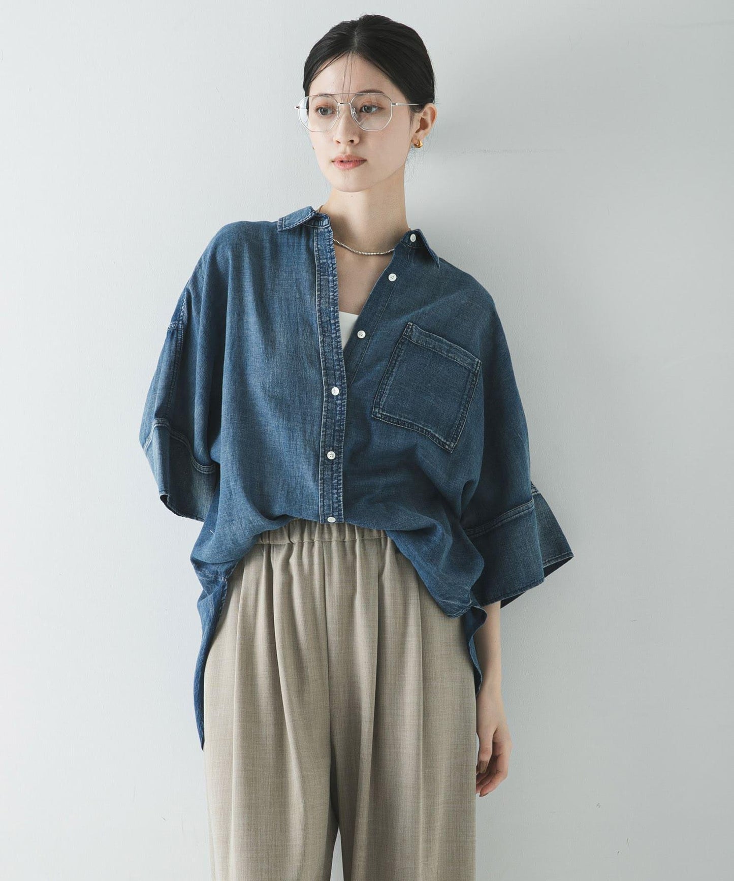 半袖透感牛仔襯衫