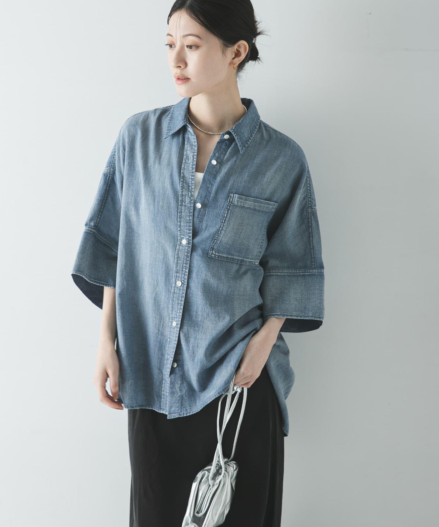 半袖透感牛仔襯衫