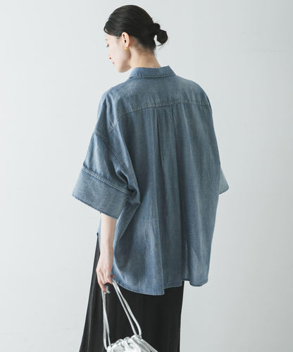 半袖透感牛仔襯衫