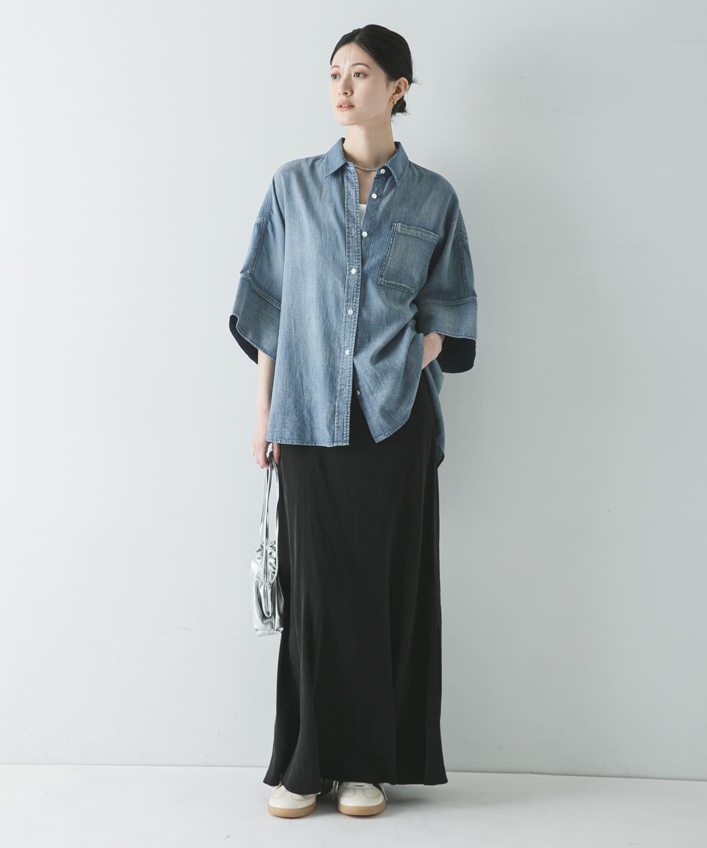 半袖透感牛仔襯衫