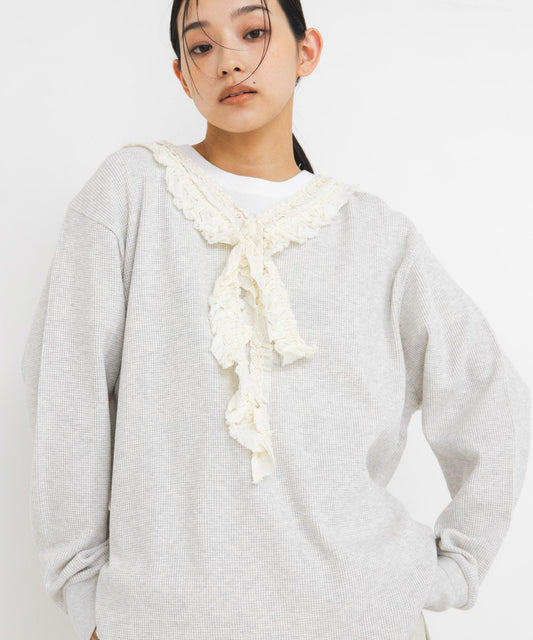 蕾絲荷葉邊華夫格套頭上衣