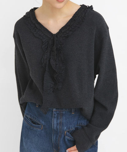 蕾絲荷葉邊華夫格套頭上衣