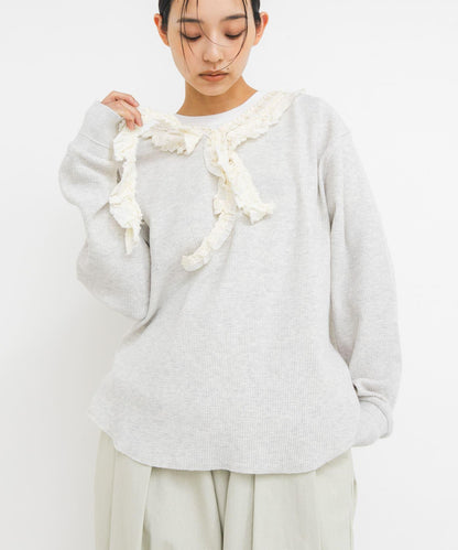 蕾絲荷葉邊華夫格套頭上衣