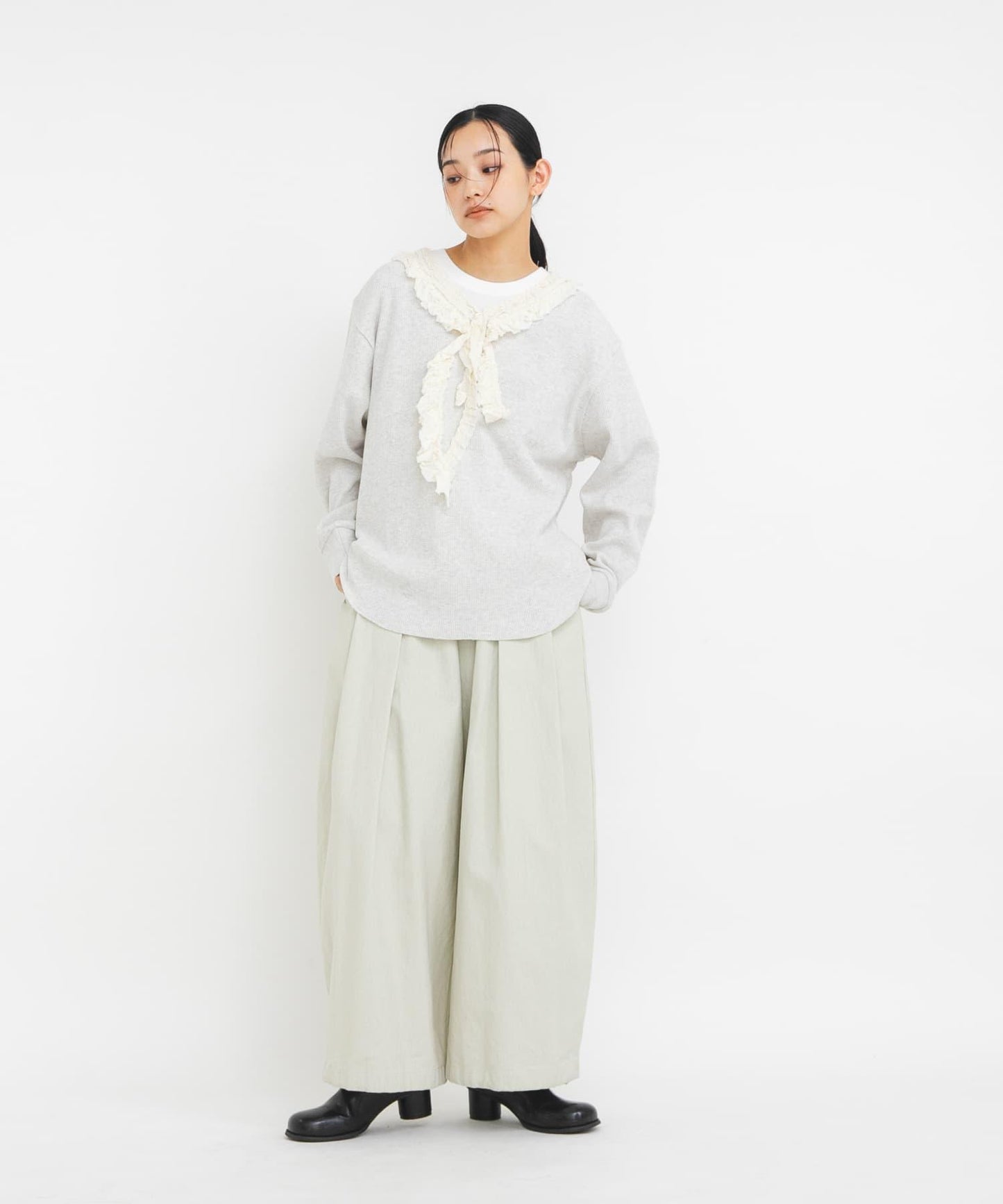 蕾絲荷葉邊華夫格套頭上衣