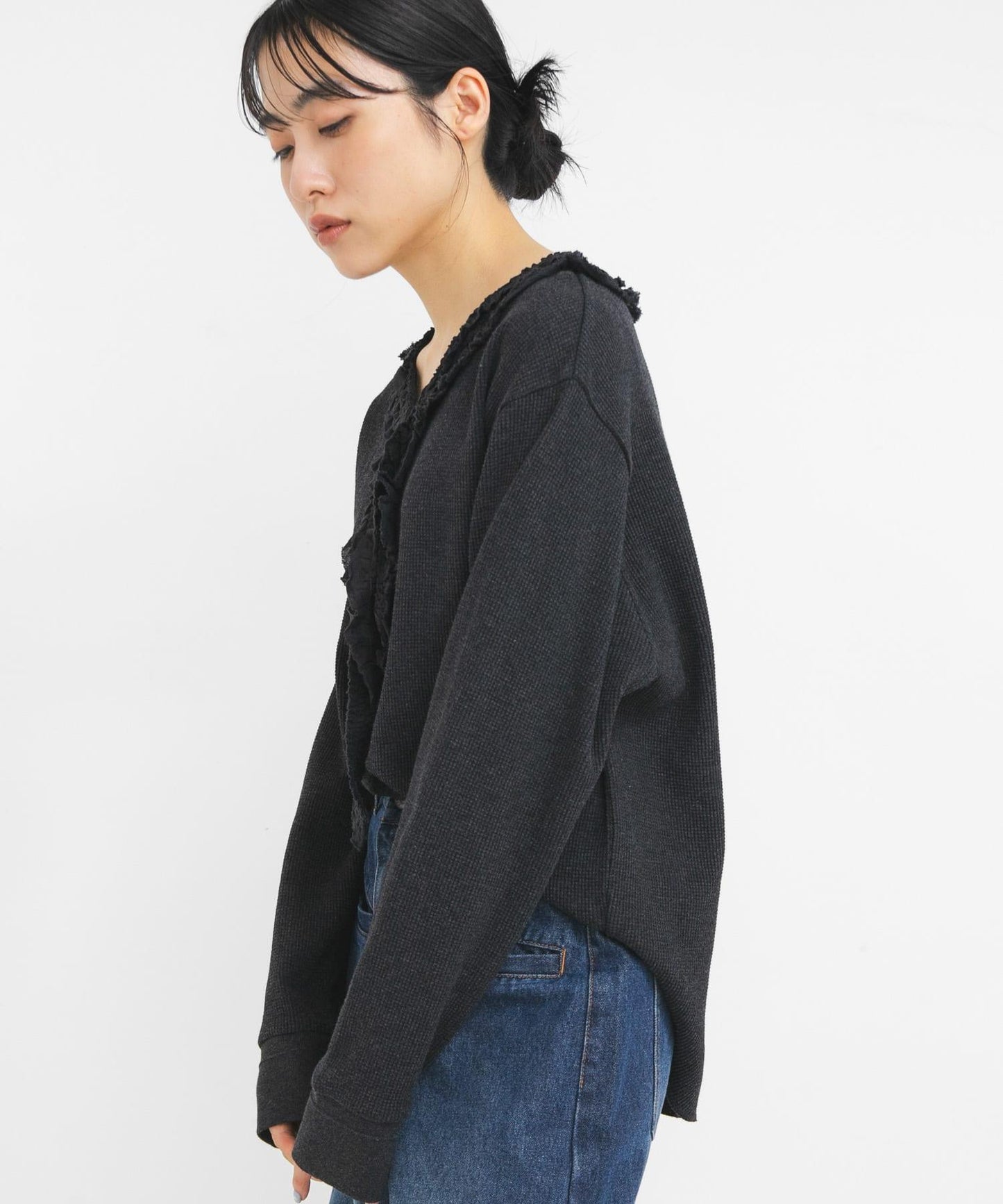 蕾絲荷葉邊華夫格套頭上衣