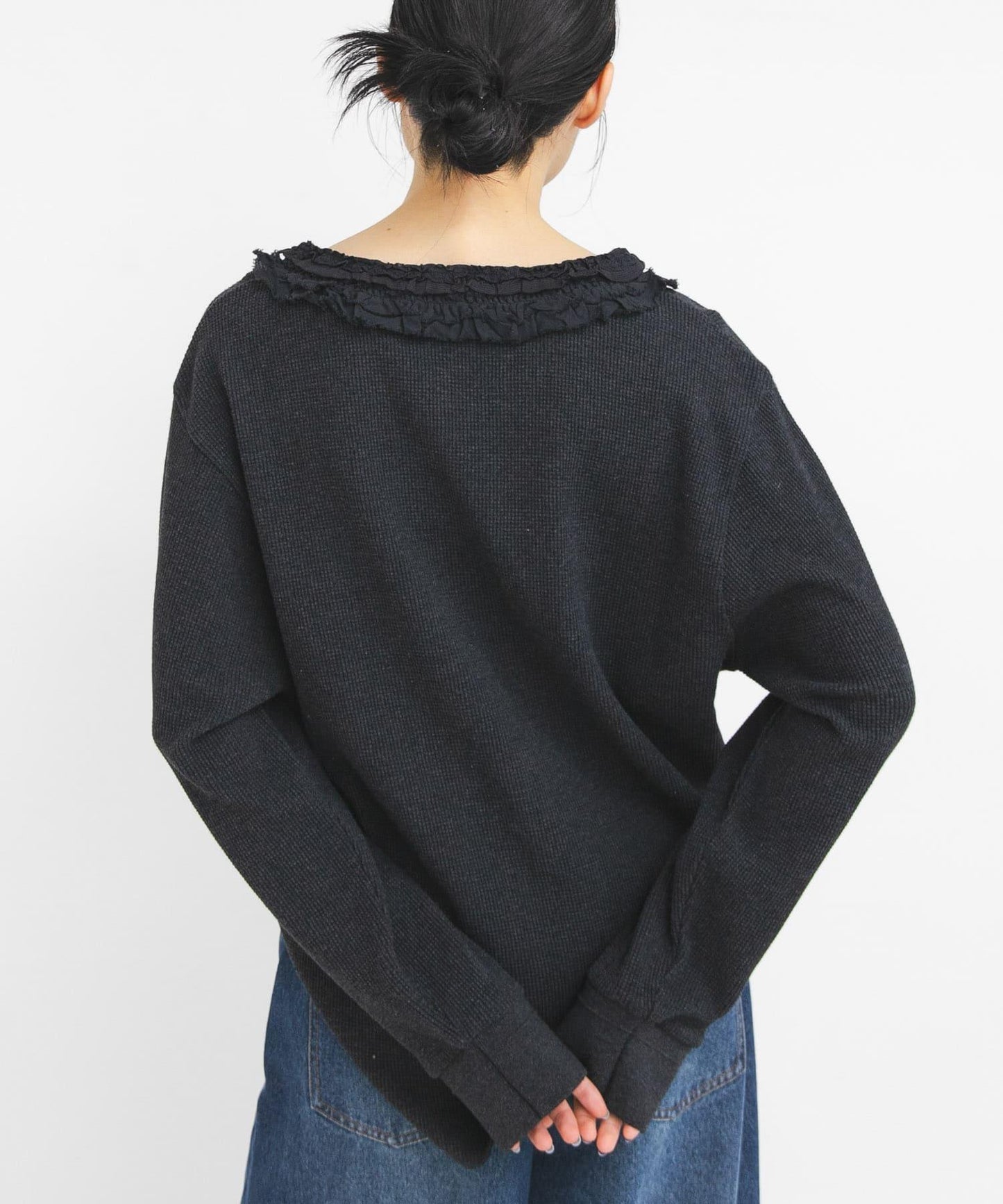 蕾絲荷葉邊華夫格套頭上衣