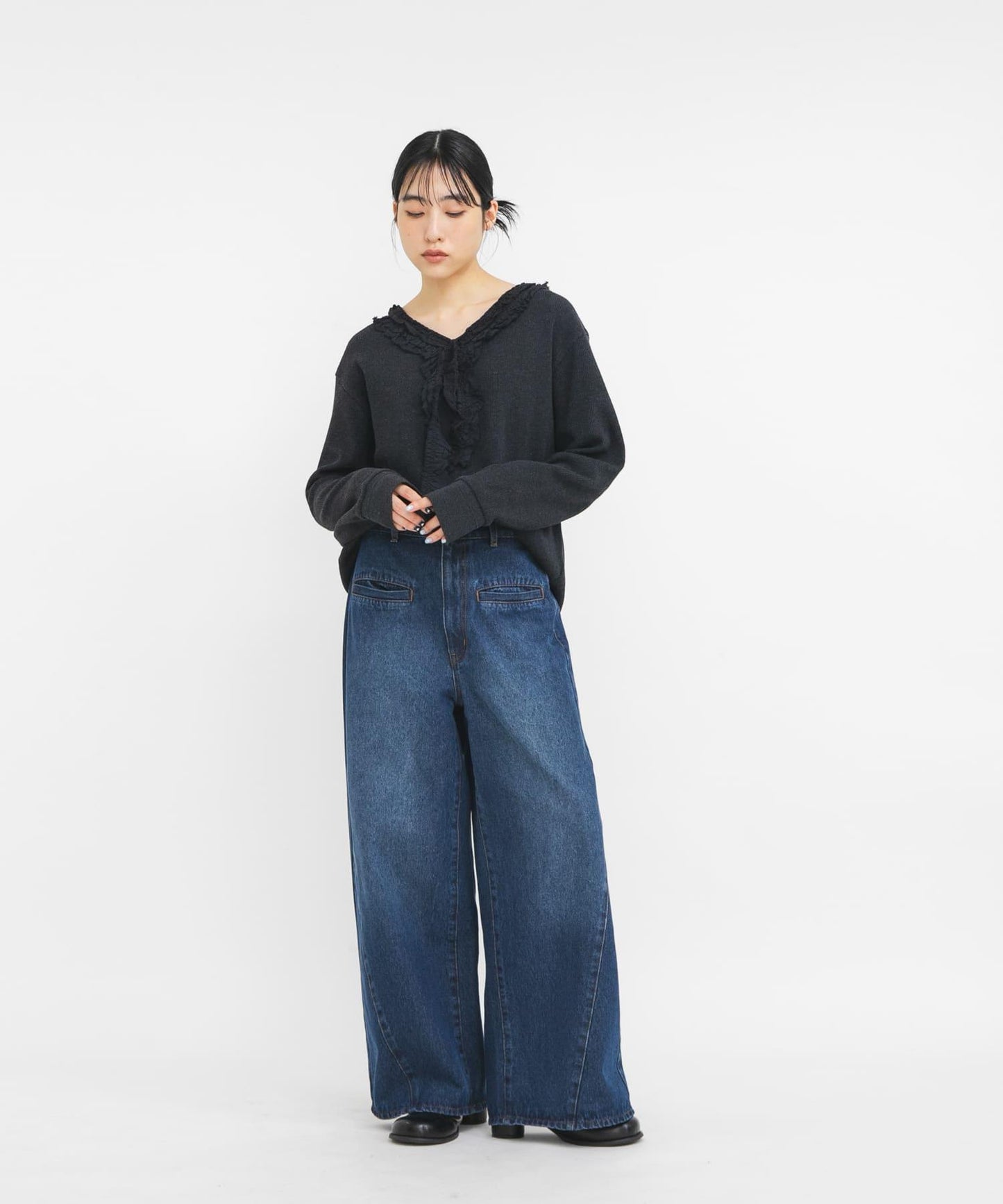 蕾絲荷葉邊華夫格套頭上衣