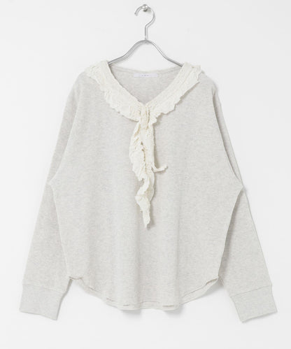 蕾絲荷葉邊華夫格套頭上衣