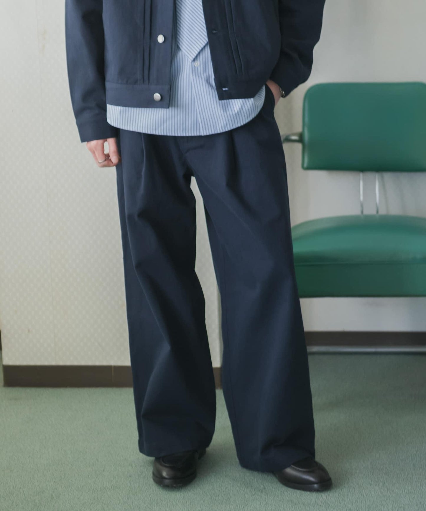 棉斜紋 褶飾 闊腿 褲子