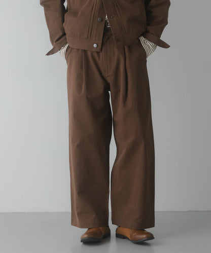 棉斜紋 褶飾 闊腿 褲子