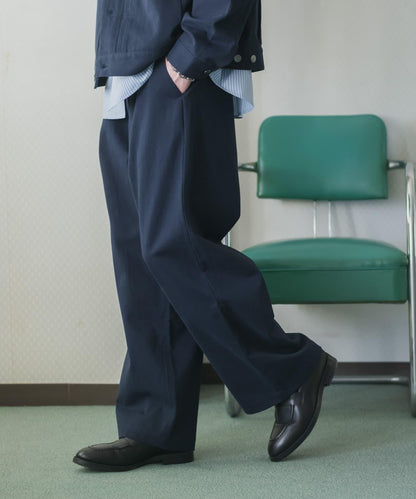 棉斜紋 褶飾 闊腿 褲子