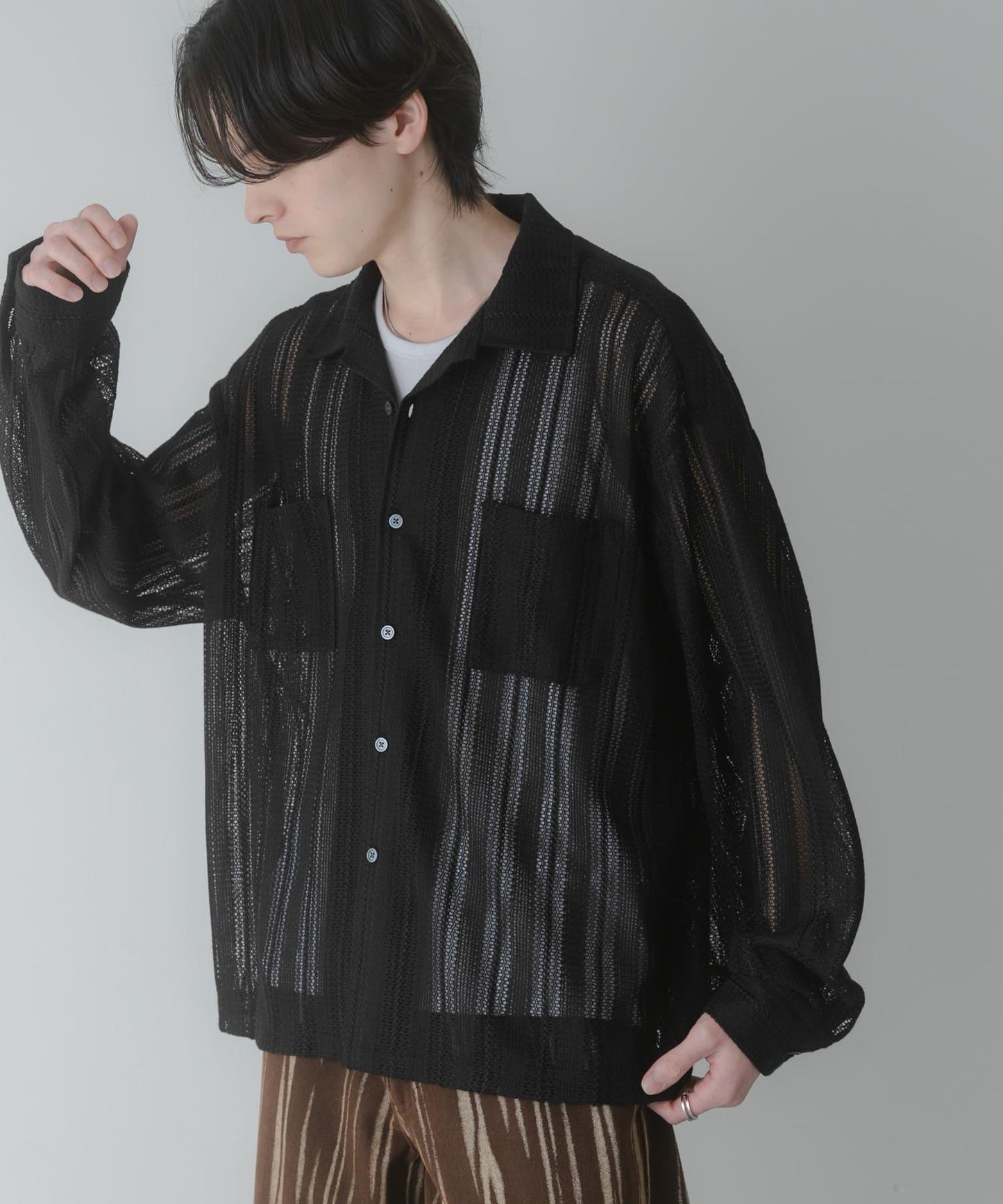 雙口袋 開領 蕾絲 襯衫