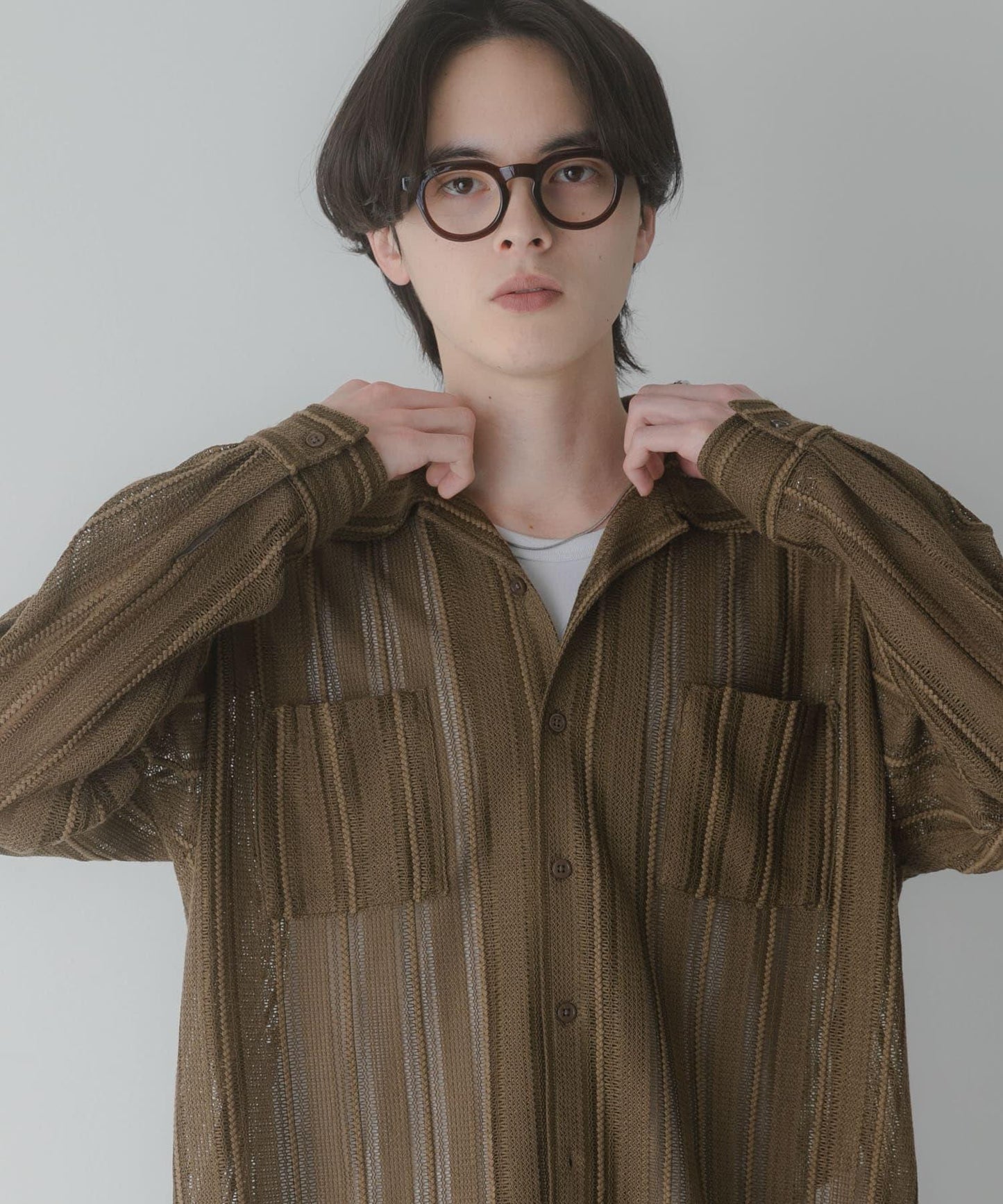 雙口袋 開領 蕾絲 襯衫