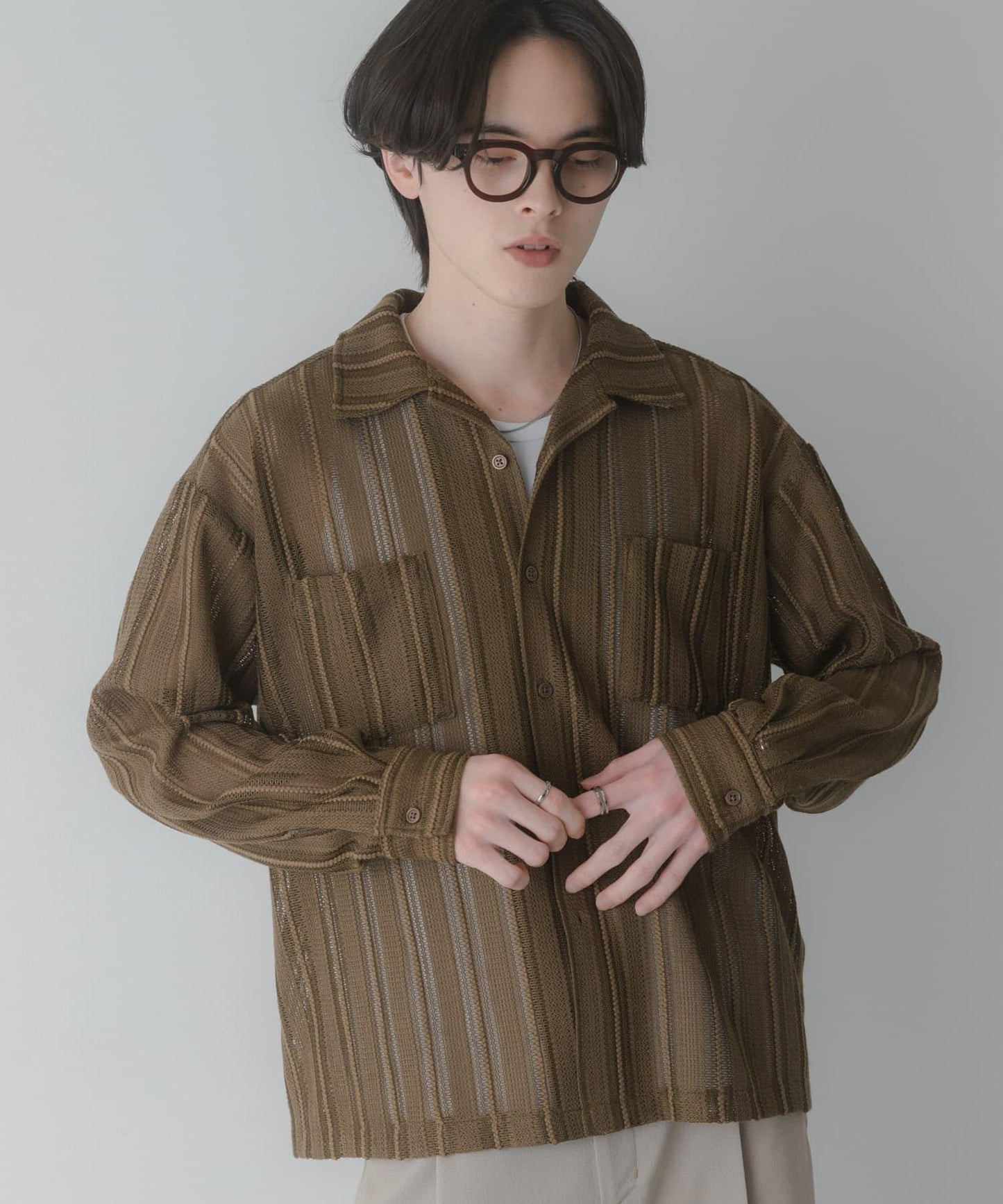 雙口袋 開領 蕾絲 襯衫