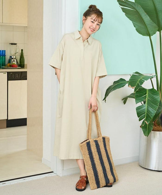 亞麻感 帶領 短袖 襯衫連衣裙