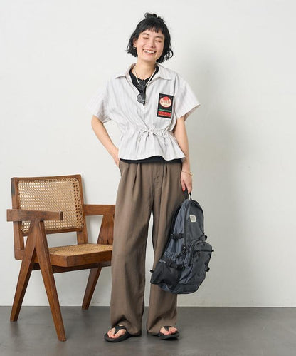 特別款 條紋 腰部蝴蝶結 半拉鍊 短袖襯衫