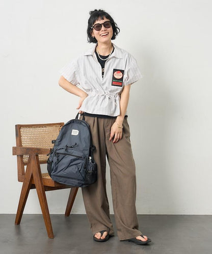 特別款 條紋 腰部蝴蝶結 半拉鍊 短袖襯衫