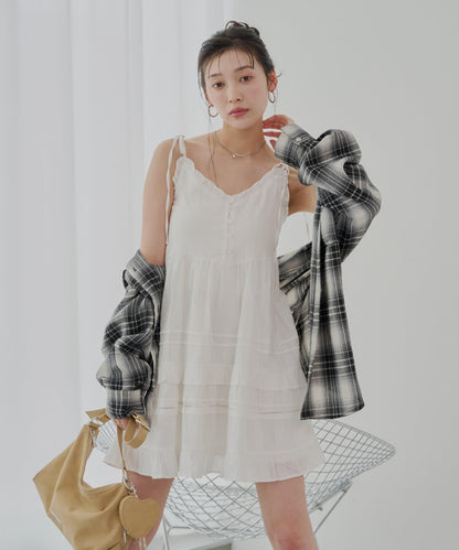 Chico 肩部蝴蝶結 棉質蕾絲荷葉邊 吊帶迷你連衣裙