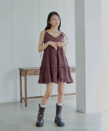 Chico 肩部蝴蝶結 棉質蕾絲荷葉邊 吊帶迷你連衣裙