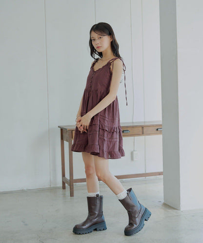 Chico 肩部蝴蝶結 棉質蕾絲荷葉邊 吊帶迷你連衣裙