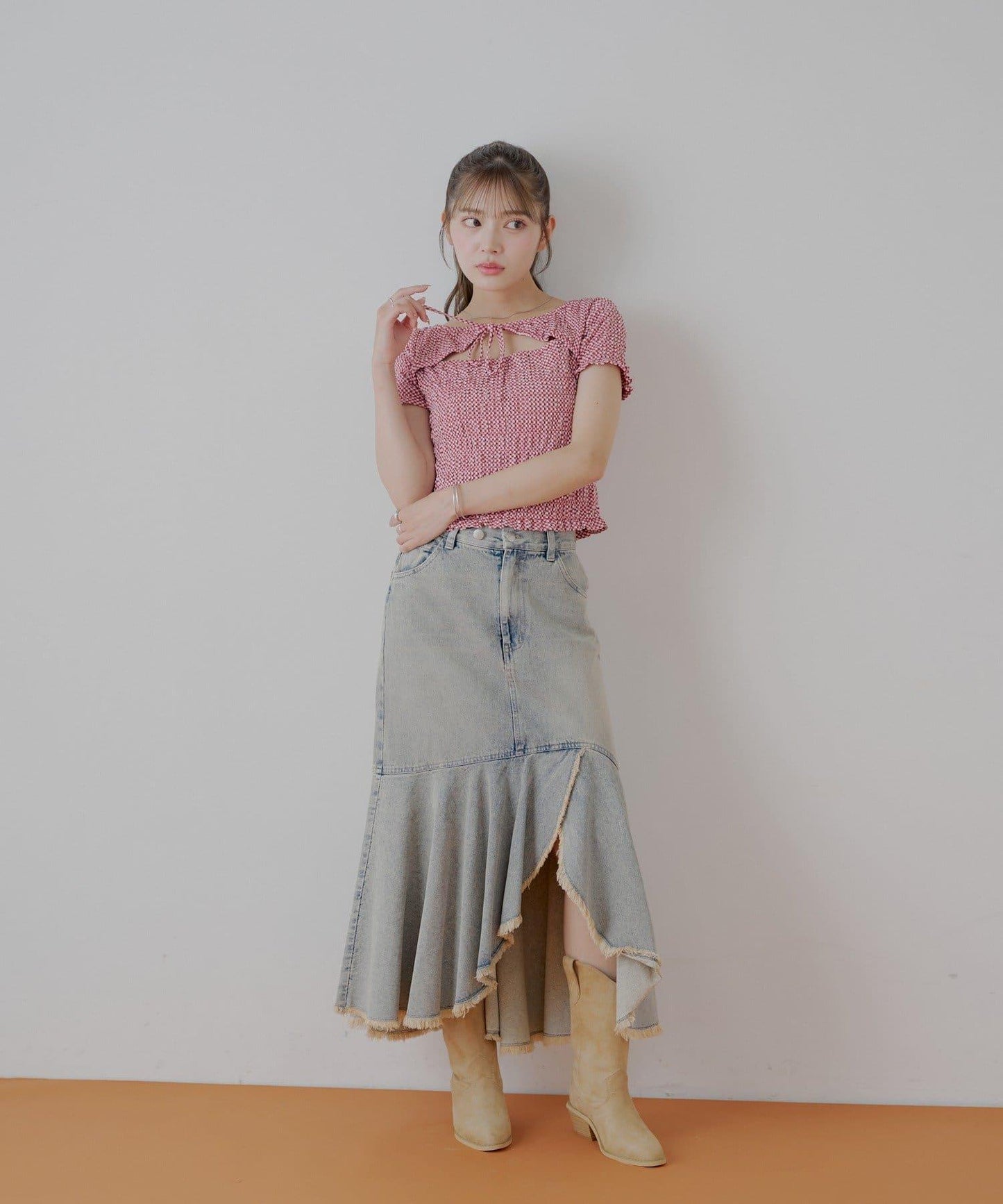 Chico 格紋 前蝴蝶結 小披肩設計 T恤