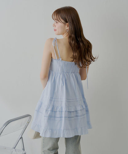 Chico 肩部蝴蝶結 棉質蕾絲荷葉邊 吊帶迷你連衣裙