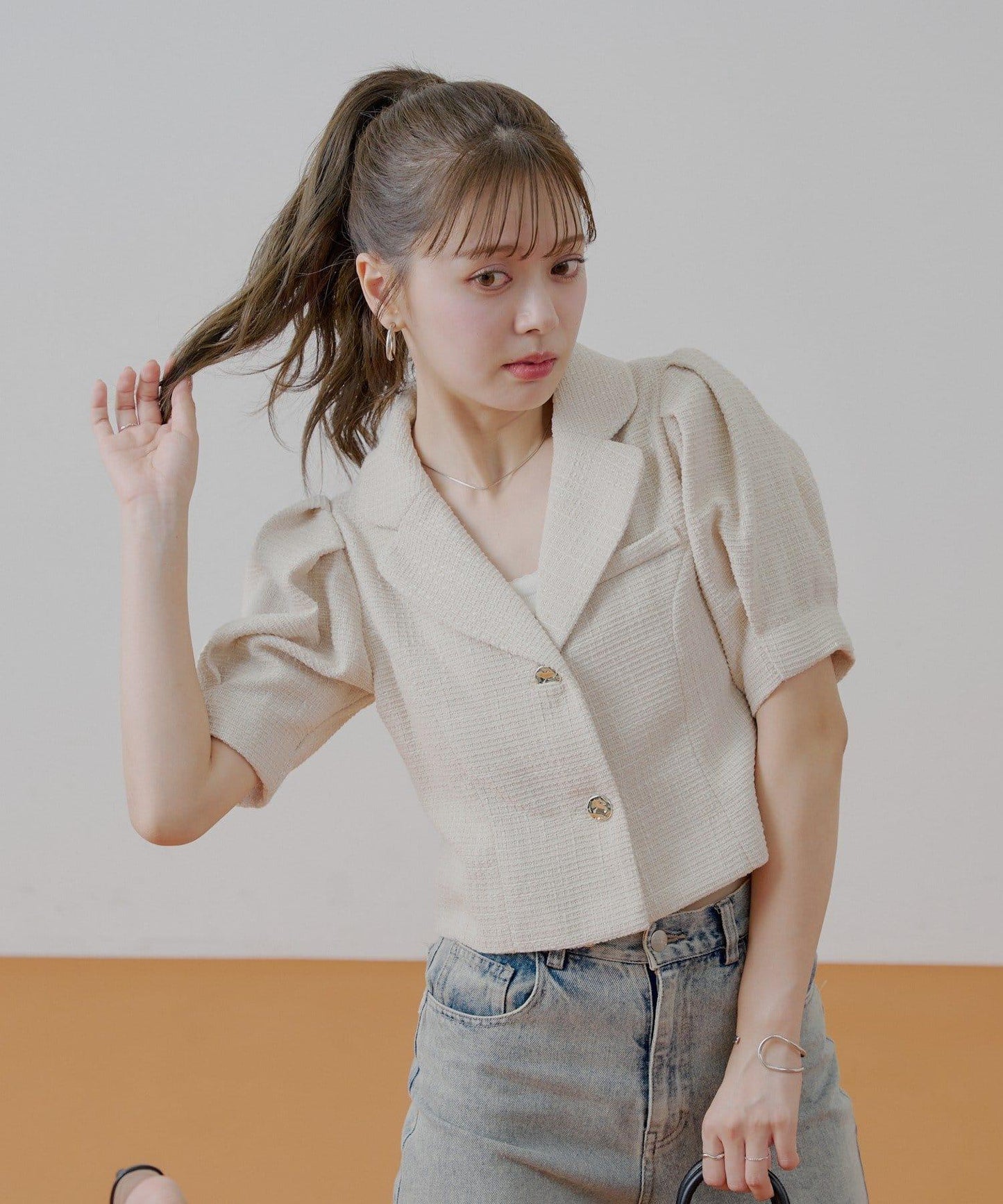 Chico 泡泡袖短款粗花呢夾克