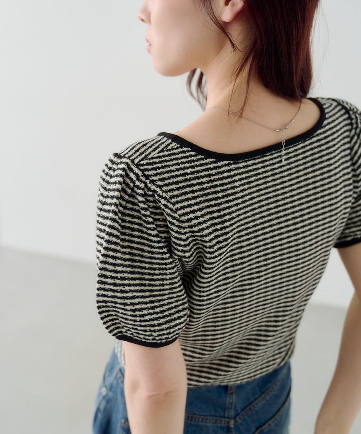 條紋泡泡袖針織短袖上衣