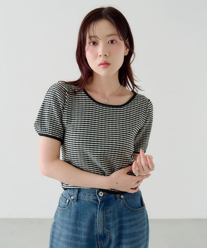 條紋泡泡袖針織短袖上衣