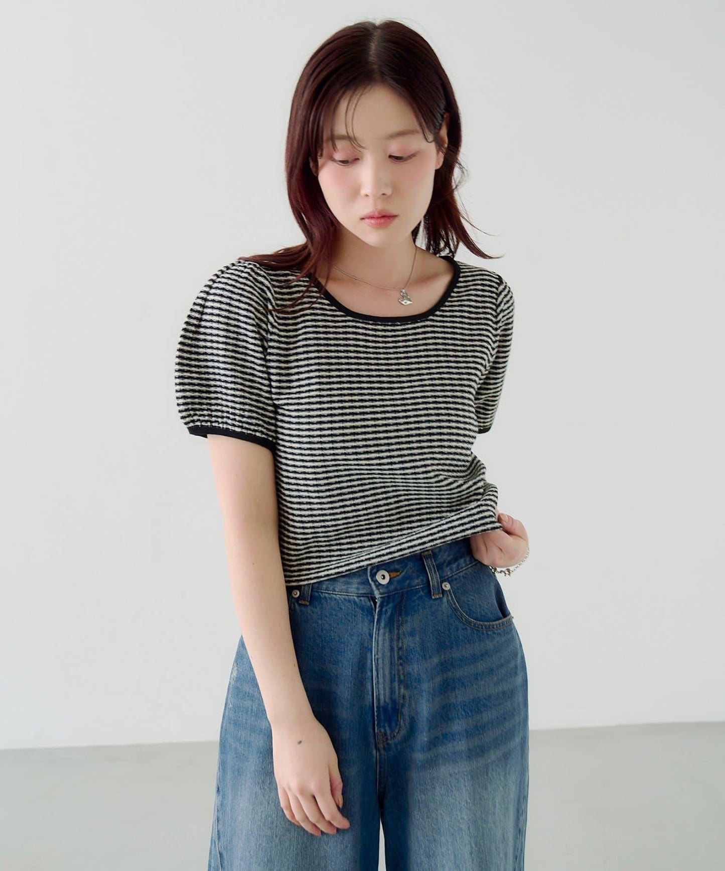 條紋泡泡袖針織短袖上衣