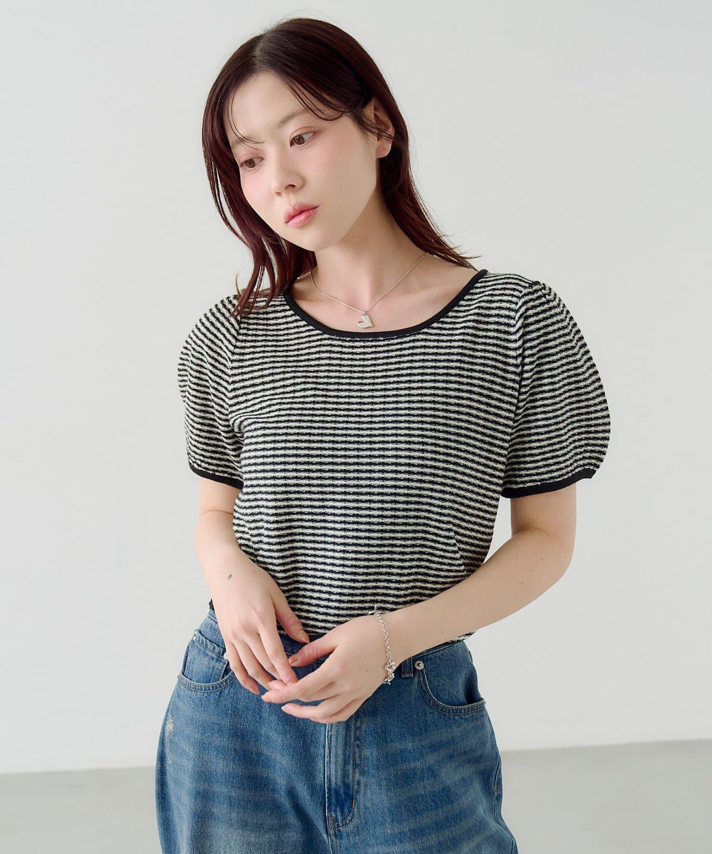 條紋泡泡袖針織短袖上衣