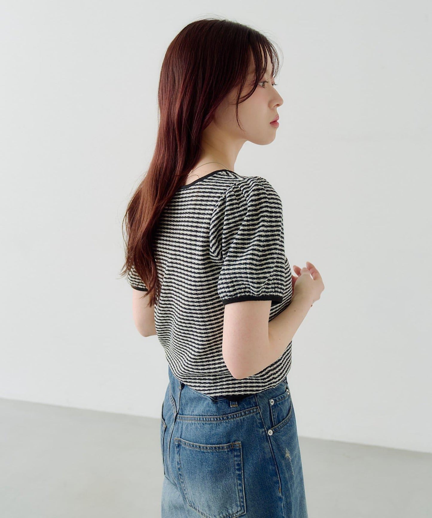 條紋泡泡袖針織短袖上衣