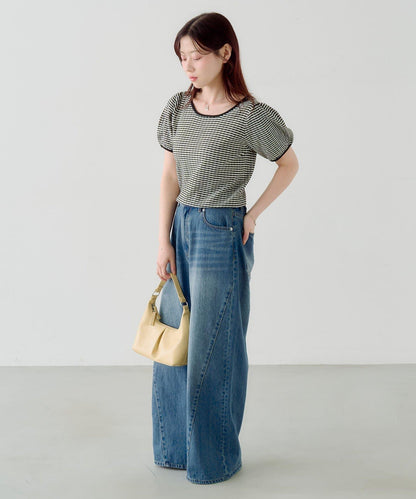 條紋泡泡袖針織短袖上衣