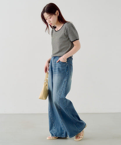 條紋泡泡袖針織短袖上衣