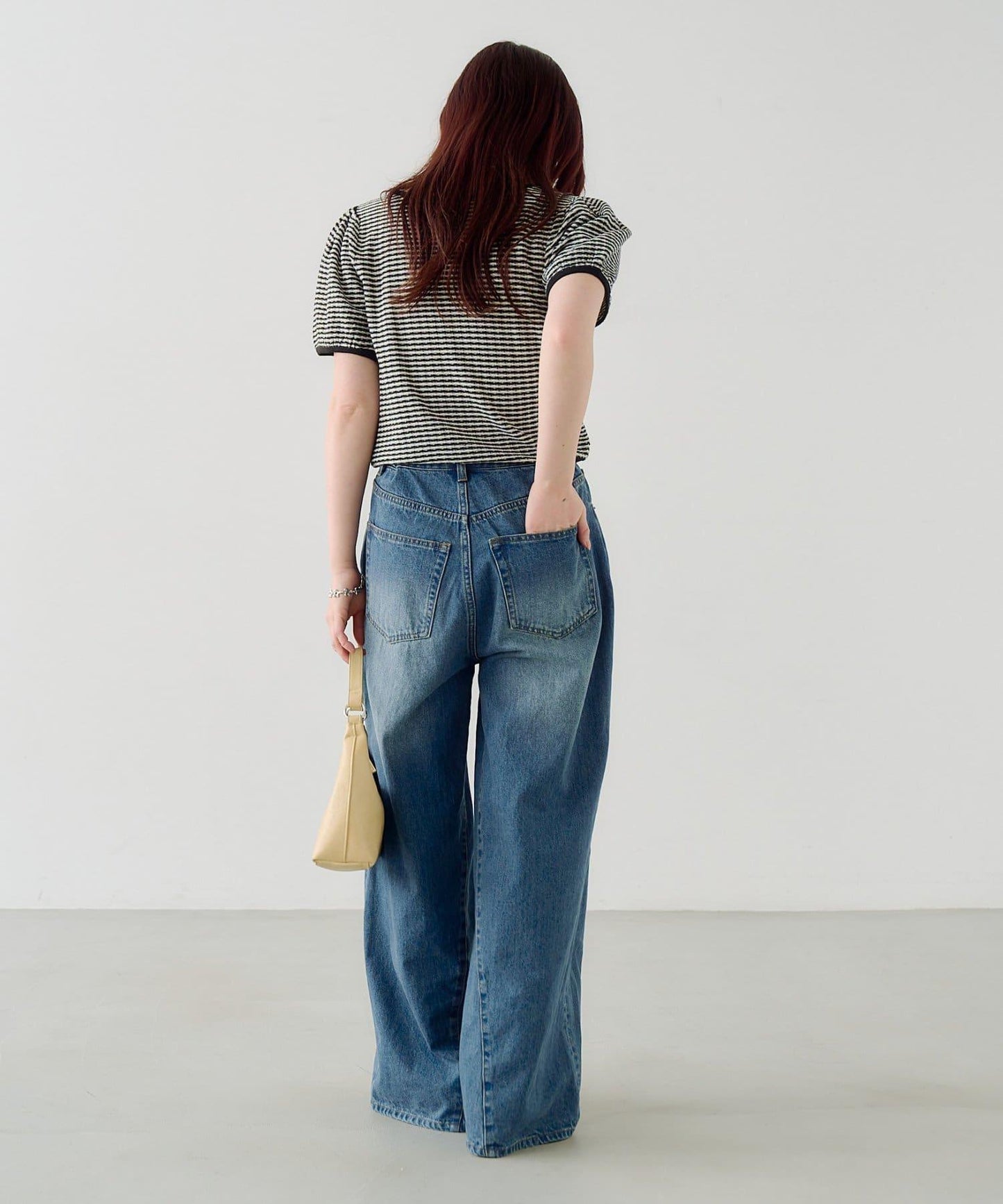 條紋泡泡袖針織短袖上衣